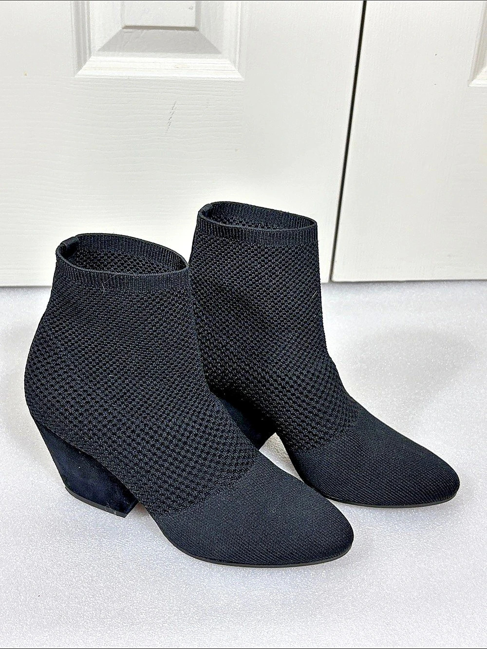 EILEEN FISHER Purl Stretch Knit Bootie Black Block Heel